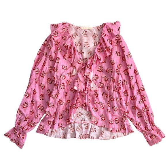 Maraislise Floral Ruffle Tie Front Blouse Pink‎ Size 2 M Romantic Girly Coquette - Picture 1 of 9
